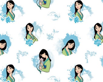 Mulan - Bloom With Beauty - Lt Blue on White - Camelot Fabrics - 100% Cotton Woven Fabric, Choose Your Cut