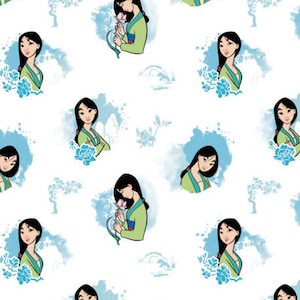 Mulan - Bloom With Beauty - Lt Blue on White - Camelot Fabrics - 100% Cotton Woven Fabric, Choose Your Cut