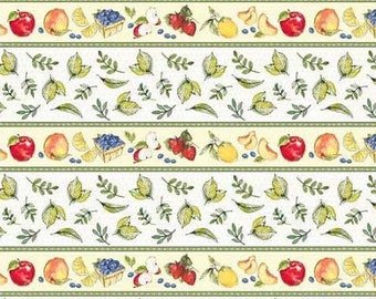 May include: A white fabric with a repeating pattern of green leaves, red apples, yellow lemons, peach slices, and blueberries. The fabric has a yellow background and a white border with a repeating pattern of small green leaves. The fabric is 42 inches wide.
