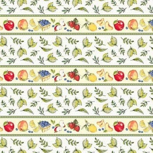 May include: A white fabric with a repeating pattern of green leaves, red apples, yellow lemons, peach slices, and blueberries. The fabric has a yellow background and a white border with a repeating pattern of small green leaves. The fabric is 42 inches wide.