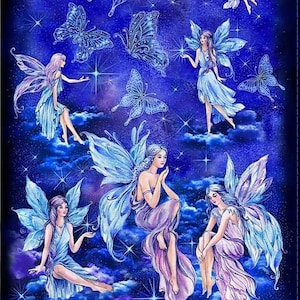 Sparkling Fairies - 2/3 Yard Panel - #CM8860 Indigo - Fairies, Moons & Butterflies Panel - by Timeless Treasures - 100% Cotton Woven Fabric