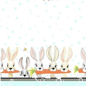 May include: A white background with a light blue border and a repeating pattern of bunnies holding carrots. The bunnies are peeking over a gray line and have light brown fur. The carrots are orange and have green leaves. There are small blue dots and a bee on the white background.