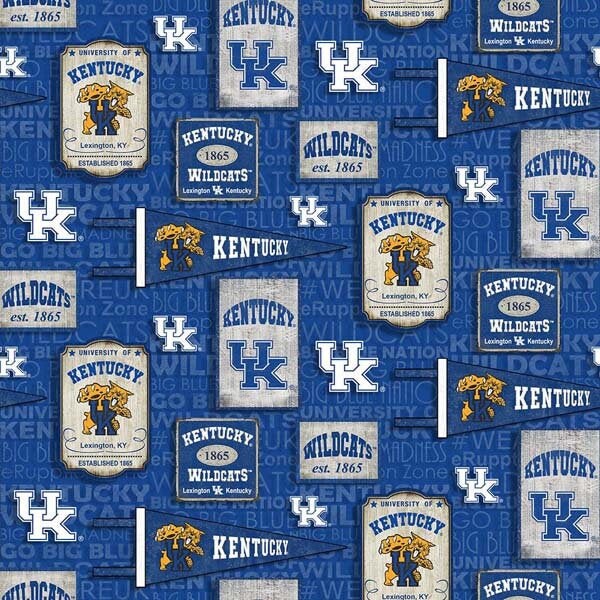 NCAA/Cotton - Kentucky Vintage Pennant - Royal - Sykel Enterprises - University of Kentucky Wildcats - 100% Cotton Woven Fabric, Choose Cut