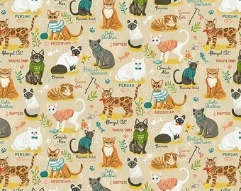 Purrfect Life Cat Breeds Chart - Olivia #CD2156 Beige - by Timeless Treasures - 100% Cotton Woven Fabric - Choose Cut -