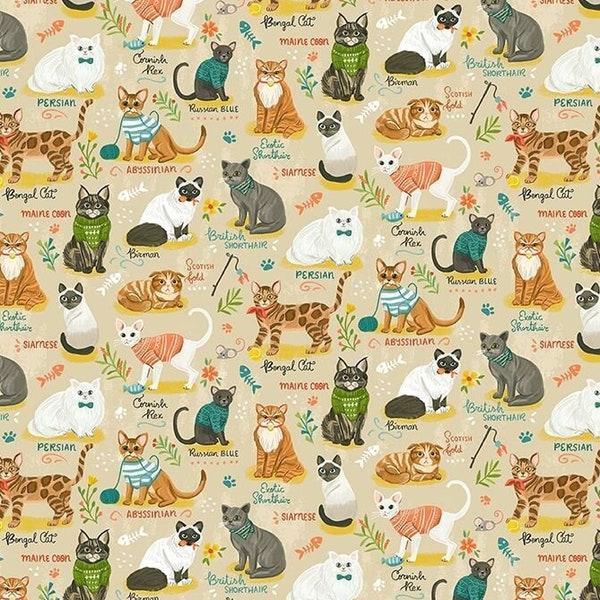 Purrfect Life Cat Breeds Chart - Olivia #CD2156 Beige - by Timeless Treasures - 100% Cotton Woven Fabric - Choose Your Cut