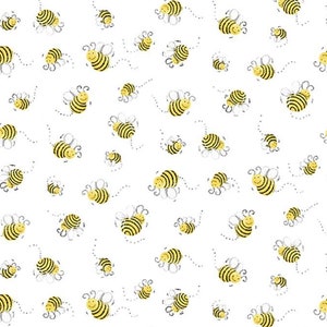 May include: A seamless pattern featuring a white background with a repeating pattern of yellow and black cartoon bees flying in different directions. The bees have black eyes and a small smile.