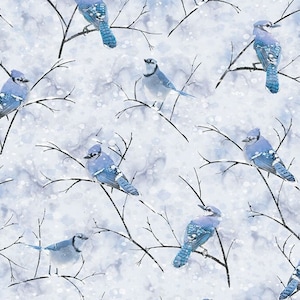 Blue Jay Birds in Winter - #CD1218 BLUE - Timeless Treasures - Birds in the Snow - Winter Woods - 100% Cotton Woven Fabric - Choose Your Cut