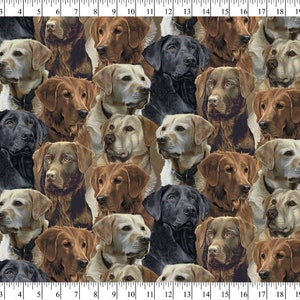 Puede incluir: Un patrón sin costuras que presenta una variedad de perros Labrador Retriever en diferentes colores, incluyendo negro, marrón y amarillo. Los perros se representan en primer plano, con la cabeza y el cuello visibles. El fondo es de color marrón y beige.