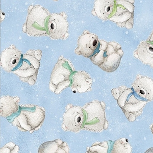 Tossed Polar Bears - Pattern # BUNNIES-C1140 SKY - Timeless Treasures - Bear Cubs on Blue -100% Cotton Woven Fabric - Choose Your Cut
