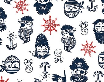 Puede incluir: Un fondo blanco con un patrón repetido de ilustraciones de temática pirata en azul y rojo. Las ilustraciones incluyen piratas, anclas, calaveras y huesos cruzados, y ruedas de barco.