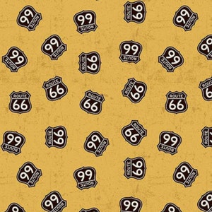 Route 66 Signs Gold - #C15013 - by Riley Blake, 100% Cotton Woven Fabric - Choose Your Cut