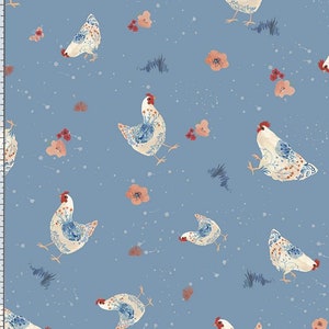 Country Cottage Tossed Hens - #CD1100  BLUE - by Timeless Treasures - 100% Cotton Woven Fabric - Choose Cut