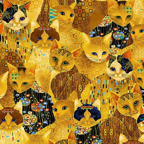 Golden Bejeweled Cats Metallic - #CLEO-CM1881  GOLD - by Timeless Treasures - 100% Cotton Woven Fabric - Choose Your Cut