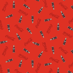 May include: A repeating pattern of Coca-Cola bottles and the Coca-Cola logo on a red background. The bottles are dark with white text, and the logo is in a stylized script. The design is a classic and recognizable brand pattern.