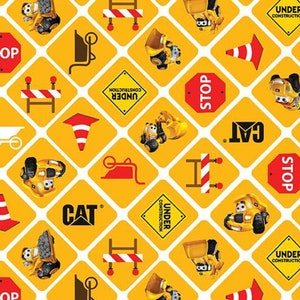 CAT Buildin&#39; Crew Signs Yellow, Pattern # C8102-Yellow, by Riley Blake, 100% Cotton Woven Fabric, Choose Your Cut