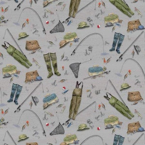 At the Lake Gear - #C10551-GRAY - Riley Blake - Fabric for Fisherman - 100% Cotton Woven Fabric, Choose Your Cut