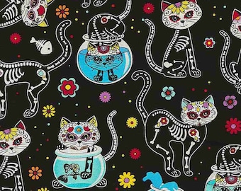 Timeless Treasures - Day of the Dead - CAT SKELETONS & FISHBOWLS - 100% Cotton Woven Fabric, Choose Your Cut