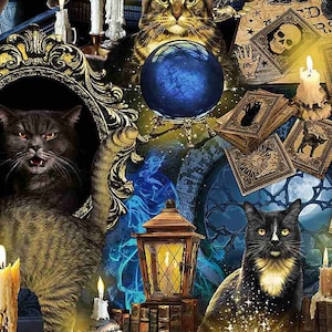 Mystical Spooky Black Cats, Pattern # CAT-CD8644  MULTI - by Timeless Treasures - 100% Cotton Woven Fabric - Choose Your Cut