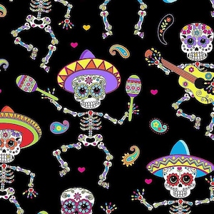 May include: A black background with a repeating pattern of colorful, cartoon skeletons wearing sombreros and playing musical instruments. The skeletons have bright, colorful flowers and designs on their skulls.