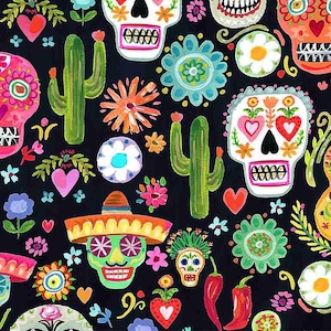 Day of the Dead Sugar Skulls with Cactus - # DAW1497 - by Dear Stella - Mexican Folkloric - 100% Cotton Woven Fabric - Choose Your Cut