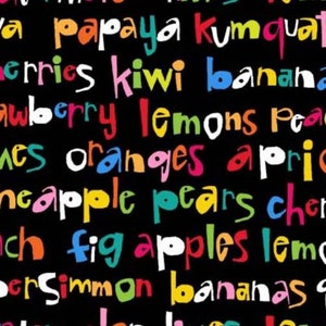 Greetings From - Fruit Punch - Words on Black - by Michael Miller - Pattern # CX9748-BLAC-D - 100% Cotton Woven - Choose Cut