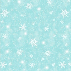 May include: A seamless pattern of white snowflakes on a light blue background. The snowflakes are scattered randomly across the surface, creating a wintery feel.