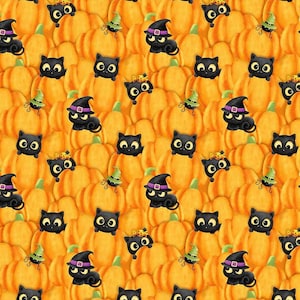 Double Bubble Kitty Trouble - Orange Pumpkins - Pattern #26960-54 - by Northcott - 100% Cotton Woven Fabric - Choose Your Cut