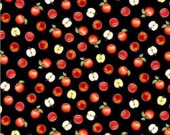Può includere: Un tessuto nero con un motivo ripetuto di mele rosse e bianche. Le mele sono disposte in un motivo diagonale.
