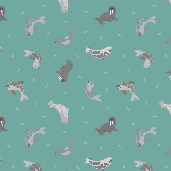 Small Things - Seals - by Lewis & Irene - Pattern # SM43-2 - Seals on Marine with Pearl - 100% Cotton Woven Fabric