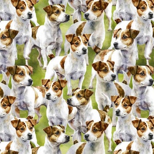 Może przedstawiać: Wzór bez szwów z powtarzającym się motywem Jack Russell terrierów. Psy są przedstawione w stylu akwarelowym z białym i brązowym futrem, a umieszczone są na zielonym tle.