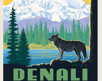 May include: A vintage travel poster for Denali National Park in Alaska. The poster features a wolf standing on a rock by a lake with a mountain range in the background. The text "DENALI NATIONAL PARK * AK" is at the bottom of the poster.