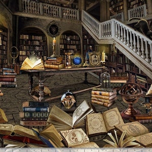 May include: A magical library with a grand staircase, bookshelves filled with books, and a table with a glowing open book, an hourglass, a globe, and other magical objects. The floor is covered in scattered books.