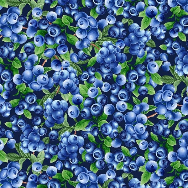 Blueberry Delight - Blueberries Bush - #FRUIT-CD1746  NAVY - by Timeless Treasures - 100% Cotton Woven Fabric - Choose Your Cut