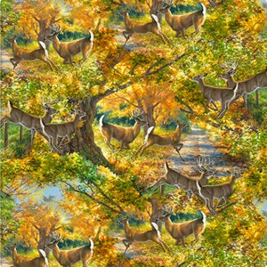 Through the Forest Light - Morning Run - Whitetail Deer #20727 - by Abraham Hunter for 3 Wishes - 100% Cotton Woven Fabric