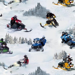 Puede incluir: Un paisaje nevado con múltiples motos de nieve de diferentes colores y diseños. Las motos de nieve son conducidas por personas que llevan ropa de invierno. Las motos de nieve están en un camino nevado con árboles y nieve a ambos lados.