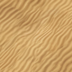Op de afbeelding: Close-up van geribbeld zand, met een patroon van licht en schaduw. Het zand heeft een warme, beige kleur, met golfachtige formaties over het oppervlak. De textuur lijkt zacht en korrelig, met subtiele kleurvariaties.