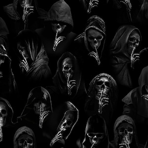 Silent Hooded Skeletons - Timeless Treasures - #WICKED-CD1827  BLACK - 100% Cotton Woven Fabric - Choose Your Cut