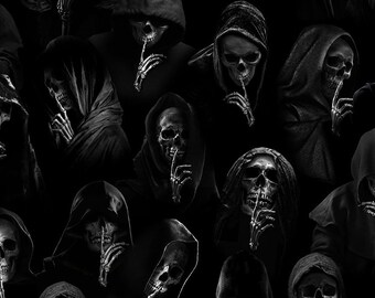 Silent Hooded Skeletons - Timeless Treasures - #WICKED-CD1827  BLACK - 100% Cotton Woven Fabric - Choose Your Cut