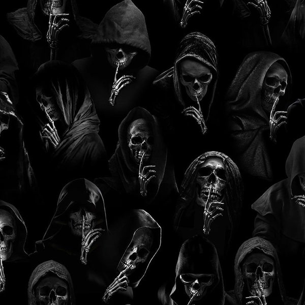 Silent Hooded Skeletons - Timeless Treasures - #WICKED-CD1827  BLACK - 100% Cotton Woven Fabric - Choose Your Cut