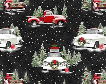 Tradition Continues II - Large Red and White Truck Allover - #9726-99 Black - by Henry Glass -  100% Cotton Woven Fabric, Choose Your Cut