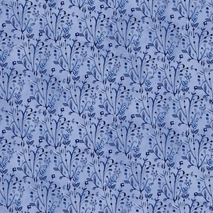 Pode incluir: Um padrão sem costura com um design repetitivo de ramos florais azuis sobre um fundo azul claro.