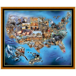 Fauna selvatica americana sulla mappa degli Stati Uniti - Sew N Go VII - Pannello in tessuto di cotone Full Yard - #1649-26934-X - di QT - Tessuto 100% cotone