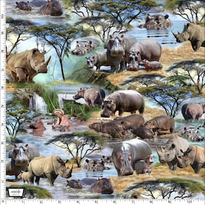 May include: A colourful fabric print featuring a variety of animals, including hippos and rhinoceroses, in a jungle setting. The print features a blue sky, green trees, and brown grass.