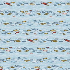 May include: A light blue fabric with a repeating pattern of fish in various colors, including red, yellow, and silver. The fish are arranged in horizontal rows, creating a wave-like effect. This design is suitable for nautical-themed projects.