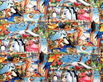 May include: A colorful fabric featuring a variety of birds, including parrots, pelicans, flamingos, penguins, and owls. The birds are arranged in a grid pattern, with each bird surrounded by eggs and nests. The fabric is a vibrant mix of blues, greens, yellows, and reds.