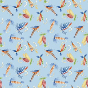 May include: A seamless pattern featuring colorful fishing lures with feathers and hooks on a light blue background.