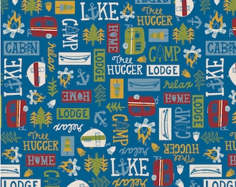 Loving Camp Life - #178-77 Dk. Blue - Words and Campers - by Henry Glass - 100% Cotton Woven Fabric, Choose Your Cut