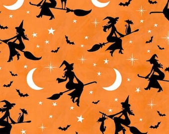 Bewhitched - Flying Witches, Bats, Black Cats - Pattern # CX9740-ORAN-D - by Michael Miller - 100% Cotton Woven Fabric, Choose Your Cut