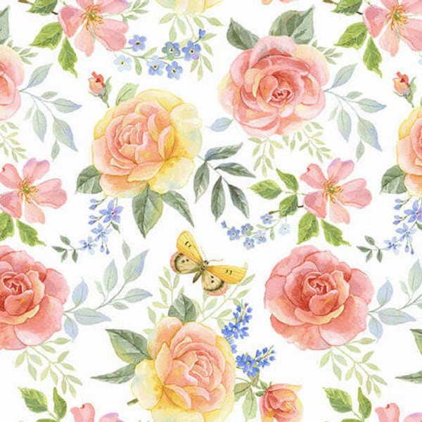 GARDEN INSPIRE Q-9353-12 - Tossed Large Roses - Yellow and Peach with Butterflies - by Henry Glass - 100% Cotton Woven Fabric - Choose Cut