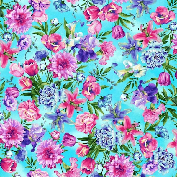 Dragonfly Lagoon - Multi Floral on Light Blue - # 2793-17 - by Henry Glass - 100% Cotton Woven Fabric, Choose Your Cut